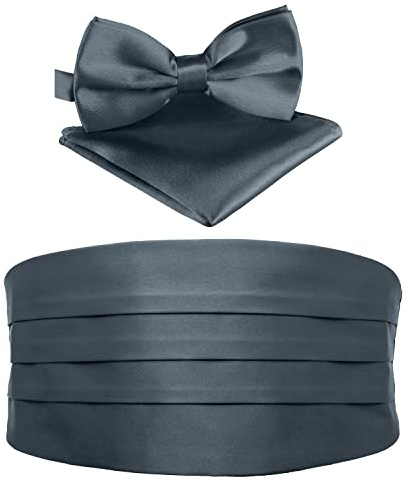 BomGuard Faja de Esmoquin cintura - fajines para hombre cabalerro + pajarita + pañuelos -Set de 3 piezas, gris oscuro