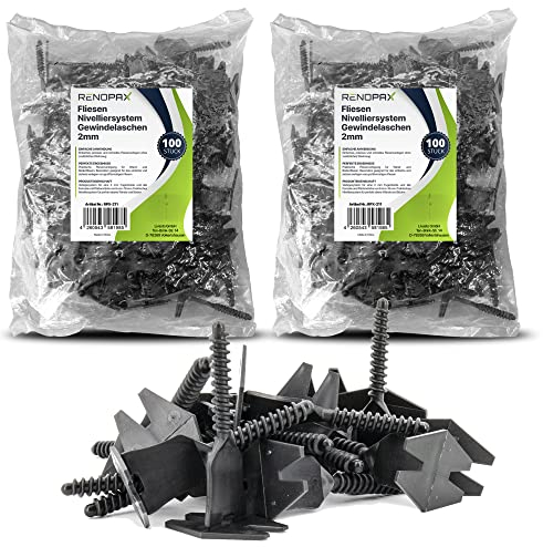RENOPAX Fliesen Nivelliersystem für Profis und Laien - Fliesenverlegehilfe 2mm Fugen - Fliesenverlegesystem - Fliesenleger Set für 6-16mm Fliesen (200x Gewindelaschen 2mm)