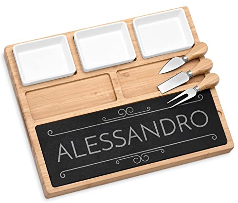Maverton Tagliere per formaggio e salumi in ardesia - vassoio da portata in legno di bambù - set 3 posate - incisione personalizzata - rettangolare - idea compleanno per uomo - nome