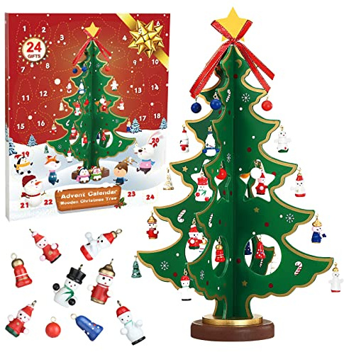 LEMESO Adventskalender 2024 mini julgran av trä adventskalender trä gran 3D julgran med 24 hängen dekoration trä julgran gör-det-själv leksak present till barn jul