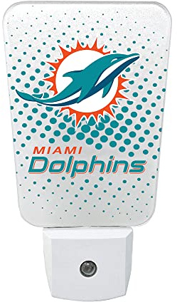 Party Animal NFL Team LED Night Light, with Auto Sensor and 3 Light Settings, Slim 5-Inch Design fits Standard Outlets, Miami Dolphins