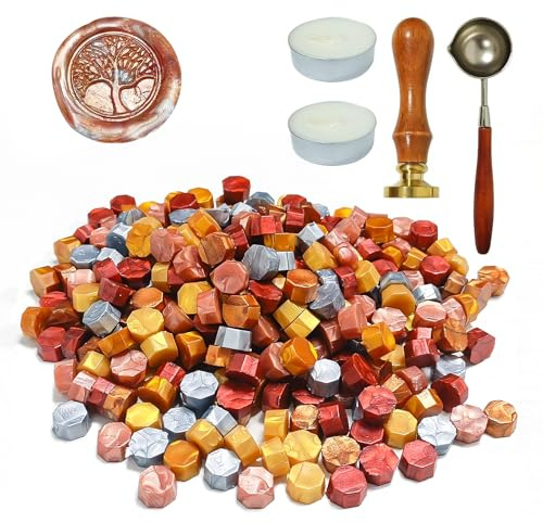 Juego de sellos de cera, 200 unidades de cera con 1 sello de árbol de la vida, 1 cuchara de fusión, 2 velas de té, para lacre vintage y carta, invitaciones, paquete de regalo (F)