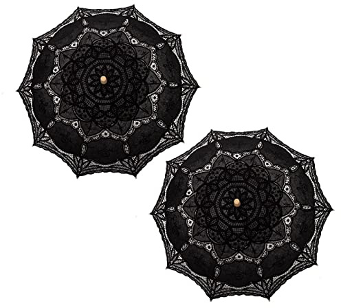 THY COLLECTIBLES Pack of 2 Cotton Lace Parasols Umbrellas with Wooden Handle Vintage Lolita Look for Wedding Bridal Umbrella Decoration for Photoshoot, Costume Theme Party, Halloween (Black)