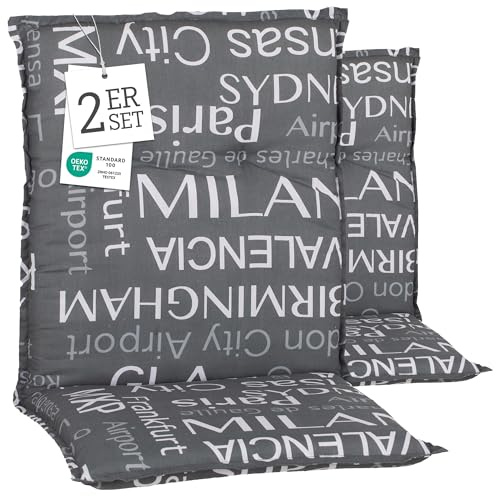 Beo Niedriglehner Auflagen 2er Set Barcelona | Made in EU nach Öko-Tex Standard | Waschbare Stuhlauflage Niedriglehner mit Halteband | Atmungsaktive Auflagen Niedriglehner mit Städtenamen in Grau
