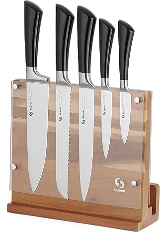 SANHUI 6-Piece Magnetic Knife Block Set with 5 Kitchen Knives High Carbon Stainless Steel, 2 Sided Magnetic Knife Holder Stand with Removable Acrylic Shield for Safety,Acacia Wood Knives Storage Rack
