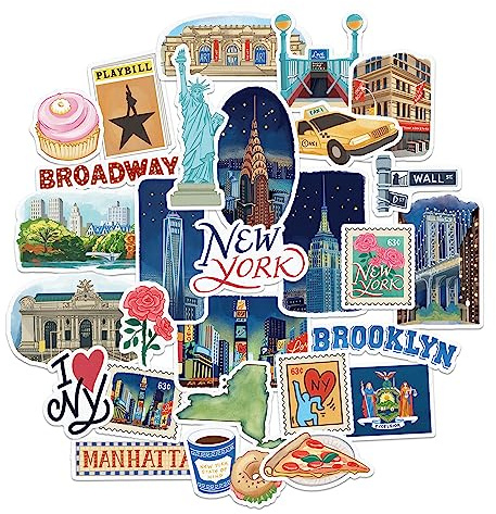 Navy Peony Iconici adesivi da viaggio dello Stato di New York (28pz) – Per Scrapbook e Diari
