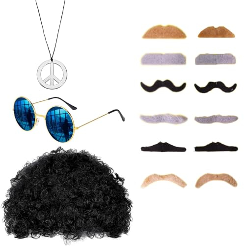CPRNQY Zeitreise Kostüm, 70er Jahre Kostüm Herren, Hippie Kostüm Herren, Mode Afro Perücke, Sonnenbrille, Frieden Zeichen Halskette, Schnauzbart, 60er 70er Jahre Stil für Herren & Damen Thema Party