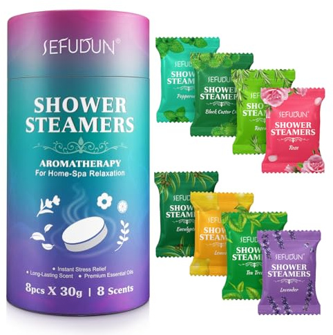 Shower Steamers Aromatherapy for Women and Men 8 Pack, 8 Scents Shower Bombs with Natural Essential Oils for Home Spa Self Care, Stress Relief and Relaxation, Nasal Relief, Birthday Gifts