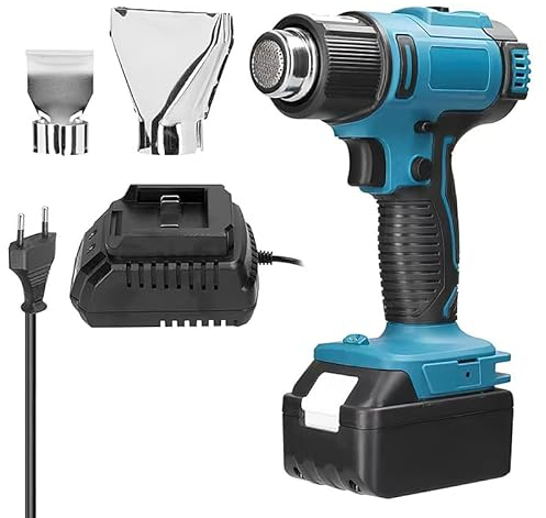 Akku-Heißluftpistole, Heißluftfön mit 18v Batterie, Batterieladegerät, Breitstrahl, Reflektordüse, Temperatur Bis Zu 550°C, 2 Temperatur, Heißluftgebläse für Farbentfernen,Löten,Schrumpfen