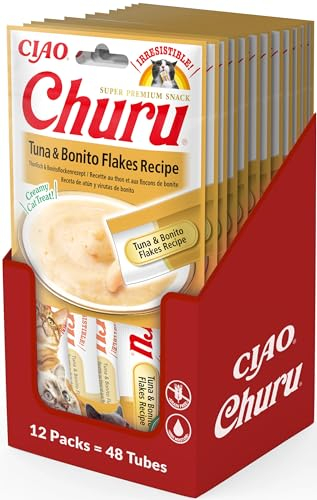 INABA Churu Püree Katzen-Leckerli - Katzenpaste zum Füttern aus der Hand - Katzensticks mit Thunfisch & Bonitoflocken- 12 Packung / 48 Sticks