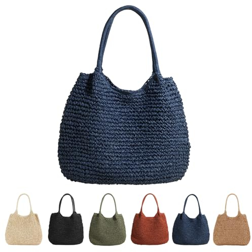 CXINLky Damen Sommer-Strohtasche, Sommer Stroh Shopper Strohtasche Große Kapazität Strandtasche Boho Geflochtene Tasche Korbtasche Tote Bag Straw Beach Bag-Blau