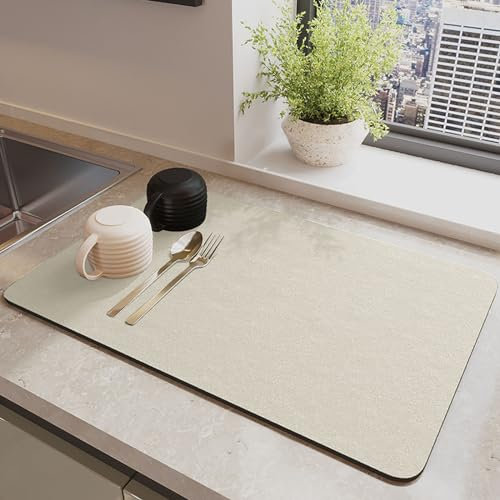 Highdi Alfombrilla Escurreplatos, Alfombrilla Fregadero Cocina Gris, Súper Absorbente Alfombra Secado de Platos Tapete Antideslizante para Mostrador de Cocina/Cafetera (50x60cm,Beige)