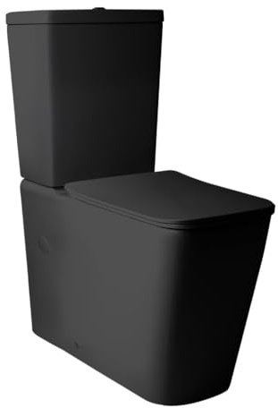 BAÑO MODERNO Inodoro Completo - WC Con Sistema Rimless Antibacterias - Vater Con Tapa Dura Extrafina Amortiguada - Salida Dual - Para Hogar Color Negro - Retrete (Negro)