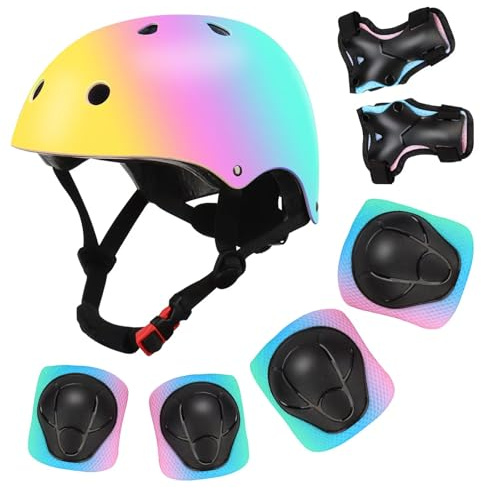 Color Gradient Adjustable Kids Bike Helmet with Knee & Elbow Pads Set | Multi-Sport Safety Gear for Boys & Girls Ages 5-14 | Skateboarding, Scooters, Roller & Inline Skating, Longboarding