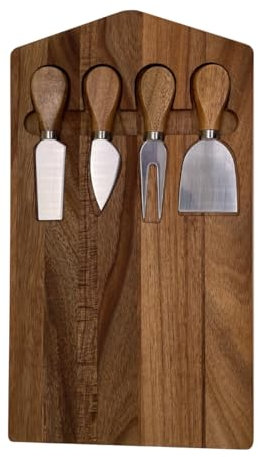 Artime - Planche À Fromage En Bois D'Acacia Avec 4 Couteaux En Inox, 36 x 20 x 1,5 Cm, Idéale Raclette Fondue Tartiflette, Collection Alpiness, Style Authentique Montagnard
