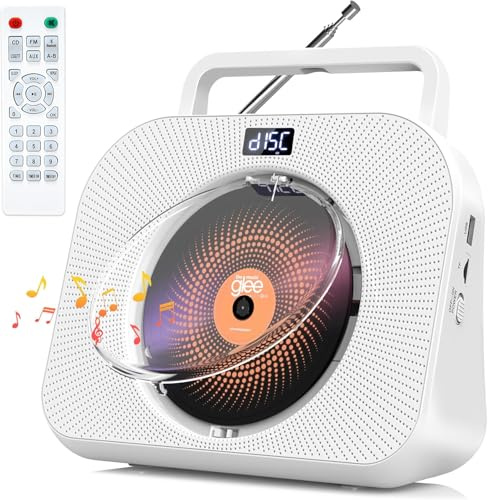 Greadio Tragbarer CD Player mit Bluetooth, Desktop CD Spieler für Zuhause, FM-Radio, HiFi-Lautsprecher, Zeitanzeige, USB, TF-Karte, AUX, Fernbedienung, Wecker, Sleep Timer (Weiß)