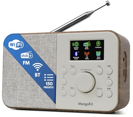 MangoKit SR-L Portable DAB Radio with Bluetooth 5.3-DAB+,FM & Internet Radio with WIFI, Podcasts,150 Presets, Alarm Clock Radio, Kitchen Radio with Full Colour Display, Mains or Battery Powered-Walnut