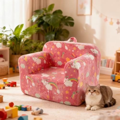 dowowdo Barnsoffa med armstöd, lätt leksoffa med bärhandtag och sidofickor, lysande regnbågsmönster, sittsäck för småbarn – rosa – tvättbart fodral och bärbar