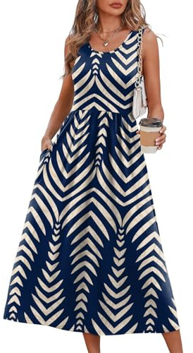 LIAMERHE Robe Été Femme Longue Chic et Élégante Robe sans Manches Col Rond Fluide Décontractée avec Poches Robe de Plage Bohème Maxi Vintage pour Vacances Fête Quotidien