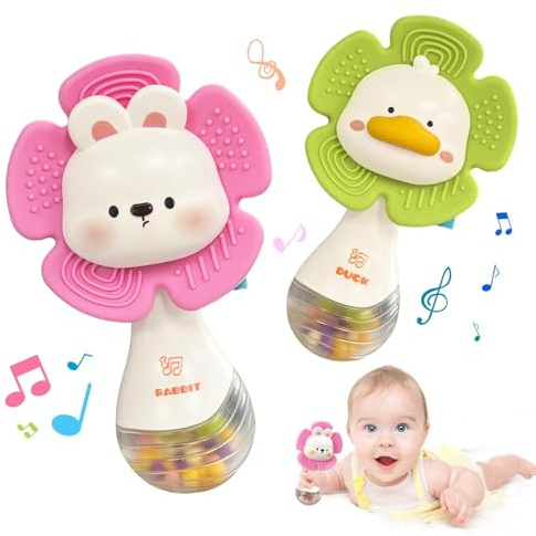 2 Pcs Baby Rattles Teething Toys 3-6 Month, Baby Toys for 0-12 Months Sensory Toys Infant Toys 0-6 Months, Newborn Boys and Girls Must Haves Toys Babies Gifts (Pink Green)