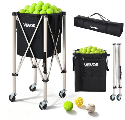 VEVOR Carrello Porta Palline da Tennis Pieghevole con Cestello, capacità di 200 Palline da Tennis, Cestello con Ruote Scorrevoli, in Acciaio Inox, Borsa Portaoggetti, per Allenamento e Insegnamento