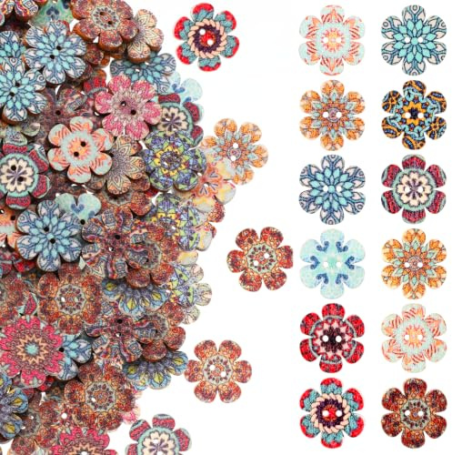 150 Pcs Vintage Wooden Buttons 3/4inch Wood Buttons for Sewing Multicolor Wood Craft Button with 2 Holes Flower Shapes Retro Button for Sewing Scrapbooking DIY