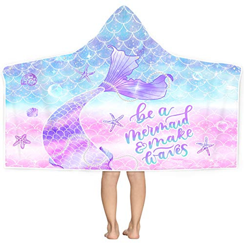 Bonsai Tree Mermaid Kids Beach Towel with Hood, Mermaid Tail Microfiber Hooded Poncho Towel for Girls 30”x50”, Mermaid Scales Pink Soft Absorbent Bath Towels Bathrobe for Swin Pool