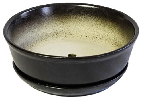 Kerazo Keramik Bonsaischale mit separater Unterschale rund 17,5x6cm hochwertig, robust, frostbeständig, langlebig mit Bodenloch (anthrazit)