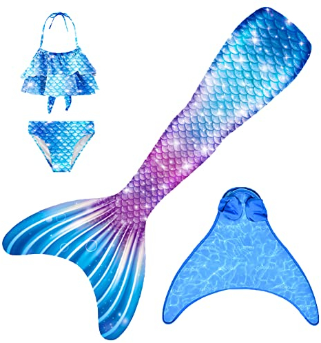 FOLOEO Meerjungfrauenflosse Mädchen Meerjungfrau Flosse Badeanzug Kinder zum Schwimmen mit Monoflosse und Bikini Set für Kinder, 4 Stück Set
