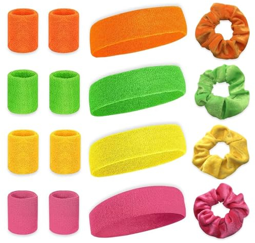 Aoreun Neon Schweißband Set, 16 Stück 80er 90er Schweissband Retro Party AccessoiresWristband Handgelenk Schweißband Stirn Schweißband für Männer und Frauen Fitness Laufen Sport Zubehör