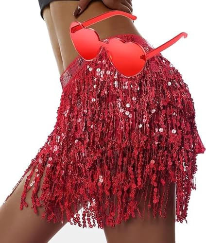 Jupe de Danse du Ventre pour Femmes, Jupe Femme Sequin Frange, Jupes à Paillettes Scintillantes, Jupe Danse du Ventre Belly Dance Femme, Danse du Ventre Hanche Jupe Gland (Paillettes, Rouge)