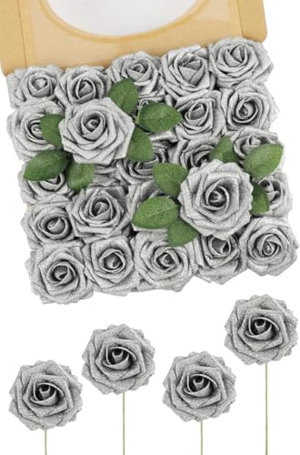 N&T NIETING Fiori Artificiali Glitter Rosa, 25 Pezzi Medi Argento Fiori Finti in Schiuma Scintillanti per Matrimonio, Bouquet, Festa, Ufficio, Baby Shower, Casa, Decorazioni Natalizie