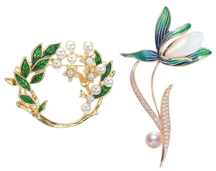 TUKEVA 2 Stück Blumenbrosche mit kreiertem Kristall Fashion Party Brooch Women Girls Crystal Flower Brooch Pin Klassische Eleganz Für Mädchen und Frauen täglich,Urlaub,Hochzeit,Dating Kleider (grün)