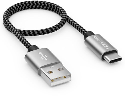 deleyCON 0,30m Nylon Cavo USB-C 30 cm Corto Cavo di Ricarica Cavo Dati USB Tipo C Spina in Metallo Ricarica e Sincronizzazione di Telefono Cellulare e Smartphone