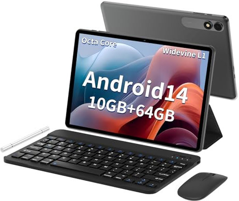 JIKOCXN Tablet, Android14 Tablets 10 Zoll, 4GB RAM + 64GB ROM (1TB TF), Octa Core Tablet mit Tastatur, 1280 x 800 HD Bildschirm, 6000mAh Akku, GPS, WLAN, Bluetooth5.0, Dual Kamera (Schwarz)
