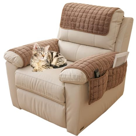 Sofa Armrest Cover, Nonslip Armchair Cover for Arms Headrest, Sofa Slipcover with Side Pocket Furniture Protector for Pets Leather Sofa Couch (Curry, 2 Seat Recliner)