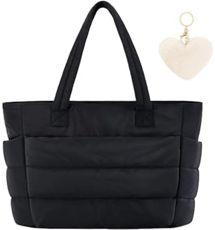 Aucuu Tote Bag for Women, Shoulder Bag, Lightweight Large Tote Bag, Puffer Handbag with Laptop Compartment, Large Capacity Shoulder Handbag with Plush Heart-shaped Pendant for Travel,School,Work