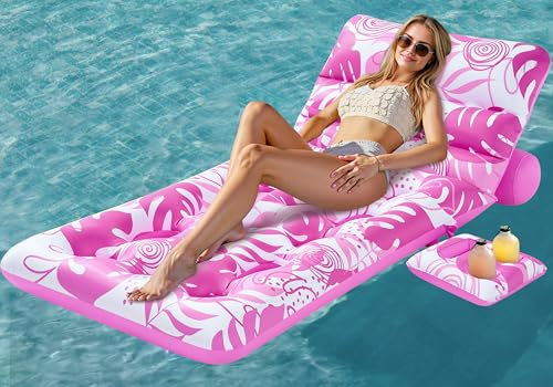 SLOOSH Matelas Gonflable pour Adultes, Transat de Piscine à Motif Feuilles Tropicales avec Dossier Réglable et Porte-Gobelets, Bouée Flottante pour Bronzage, Chaise Flottante pour Piscine (Rose)