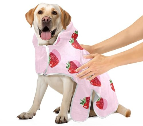KJIZMO Cute Strawberry Dog Bathrobe Adjustable Towel Dog Robe Microfiber Fast Drying Absorbent Towel for Puppy Pet Cat Shower-M