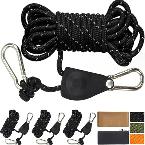 Cveenk 4 Stück 13ft/4M Reflektierend Abspannseile Seil mit Seilspanner, Φ 4mm Nylonschnur Zeltschnur Spannschnur Camping Seil mit Seilratsche für Zelt Sonnensegel Zeltplane Camping (Schwarz)