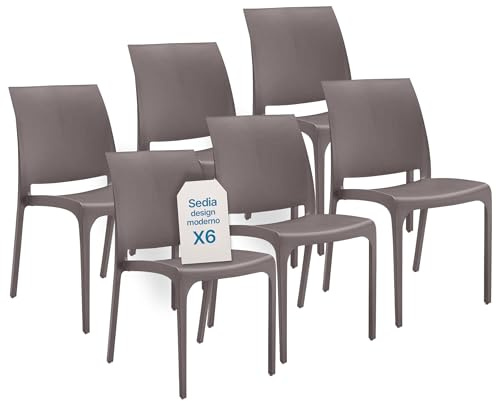 Tomaino - Sedia in Plastica Da Cucina - Set 6 Sedie Plastica Impilabili Con Braccioli Per Esterno e Interno - Sedie per Giardino, Soggiorno, Balcone o Bar - Tortora