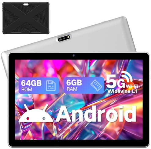 2025 Tablet 10,1 Zoll Android 13 Tablet mit Hülle, 64GB (1TB erweiterbar), HD Touch Display, Dual-Kameras, Widevine L1, 5G/2.4G WLAN, 8 Std Akku, BT 5.0, GMS, ideal für Unterhaltung & Lernen