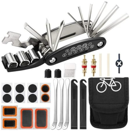 Docache Kit di Riparazione per Bici, attrezzo Multifunzionale 16 in 1 con Borsa da Sella, Kit di Riparazione per Mountain Bike ed e-Bike