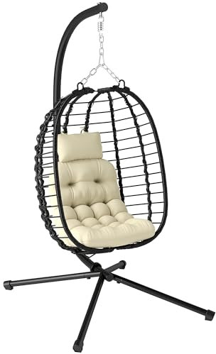 Outsunny Rattan Hanging Egg Chair, Foldable Wicker Hammock Swing Chair with Cushion, Stand, Adjustable Height, Head Pillow, Steel Frame for Garden Patio Indoor Outdoor, Cream White