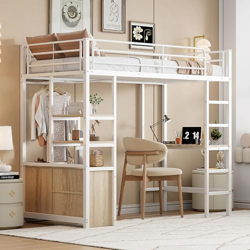 NovaFurnish Cama alta 90x200 cm, sin colchón, cama con escritorio, enchufe y USB, varios estantes, armario de almacenamiento, barandilla, escalera, marco de hierro blanco