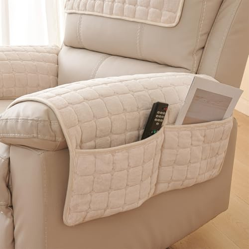 XDKS Protector De Muebles Franela Antideslizante, Funda para Reposabrazos De Sofá, Aptos para Guardar teléfonos, Libros, revistas, Control Remoto de TV (Beige,Armrest)