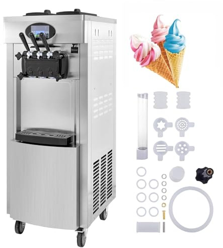 Máquina de Helados Comercial 21-28L/h 2200W Soft Heladera Maquina Helados Pre-Refrigeración 2 + 1 Sabores Limpieza Automática para Restaurante Bar Mercado Tienda 6L*2