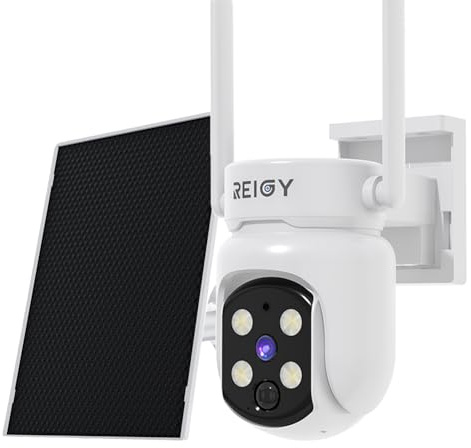 REIGY 4MP Caméra Surveillance WiFi Exterieure sans Fil Solaire, Camera Caméra de Sécurité Interieur avec Panneau Solaire, 360° PTZ, Vision Nocturne, Audio Bidirectionnel, PIR Sirène, 2.4ghz/5ghz