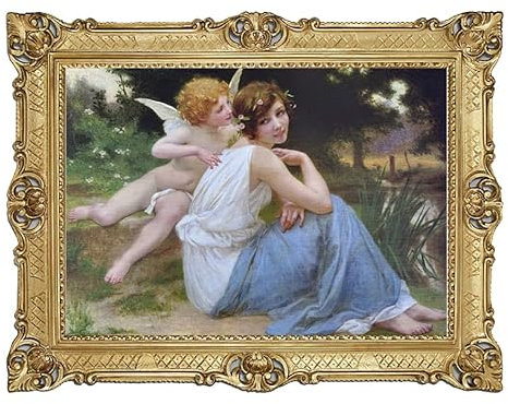 Lnxp Vacker målning 90 x 70 cm G. Seignac klassisk målning med gulram, mytologiskt motiv, antik barockram, 1800-talet, väggkonst