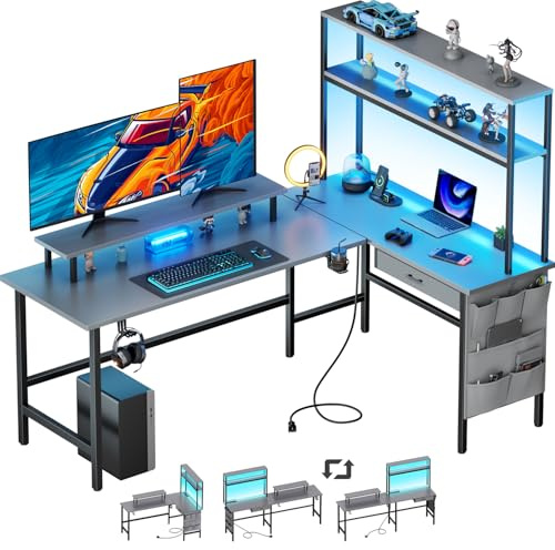 DLONGONE 150 × 100 cm Gaming Desk with LED Lights & Power Outlet, Corner Desk with Storage, Reversible L Shaped Desks with Shelves, Computer Desks with Monitor Stand and Hooks for Home Office, Grey